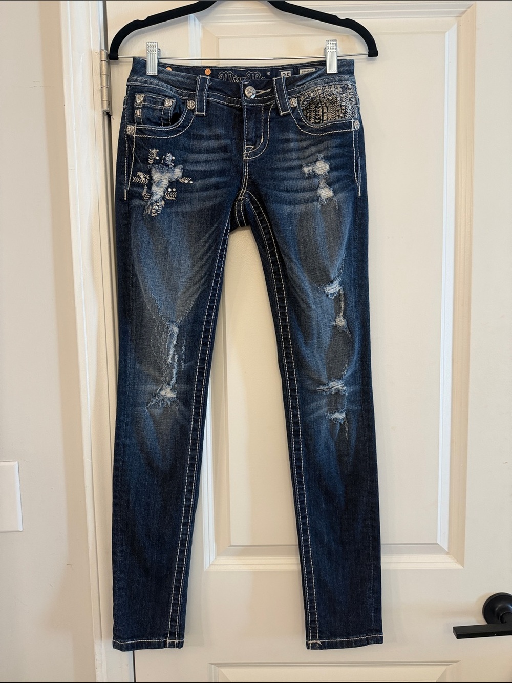 Vintage Miss Me Dark Blue Distressed Skinny Jeans with Embellished  Y2K 2000s
